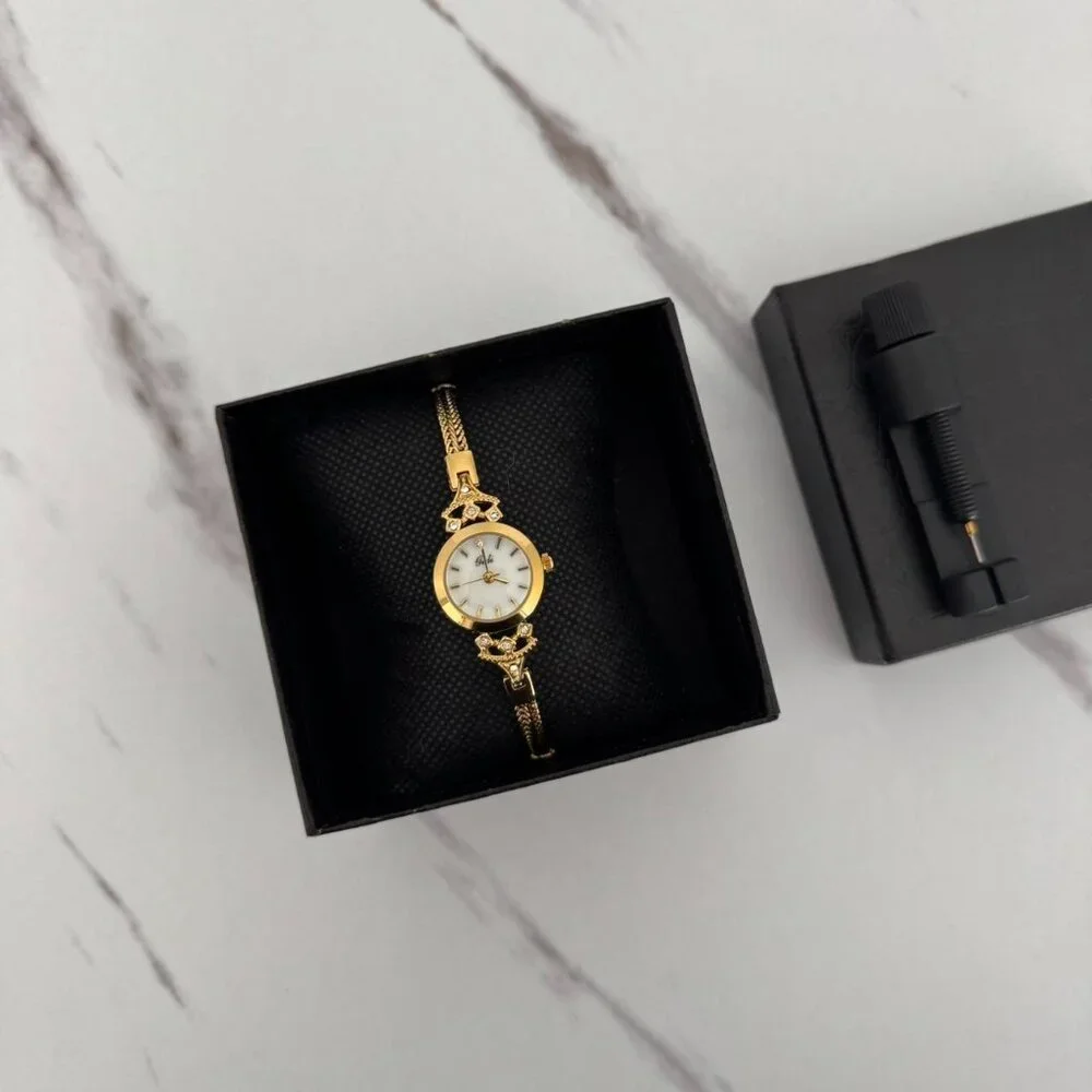 SKU:0332 Gold Vintage inspired Watch zircon stones+in a gift bag stainless steel